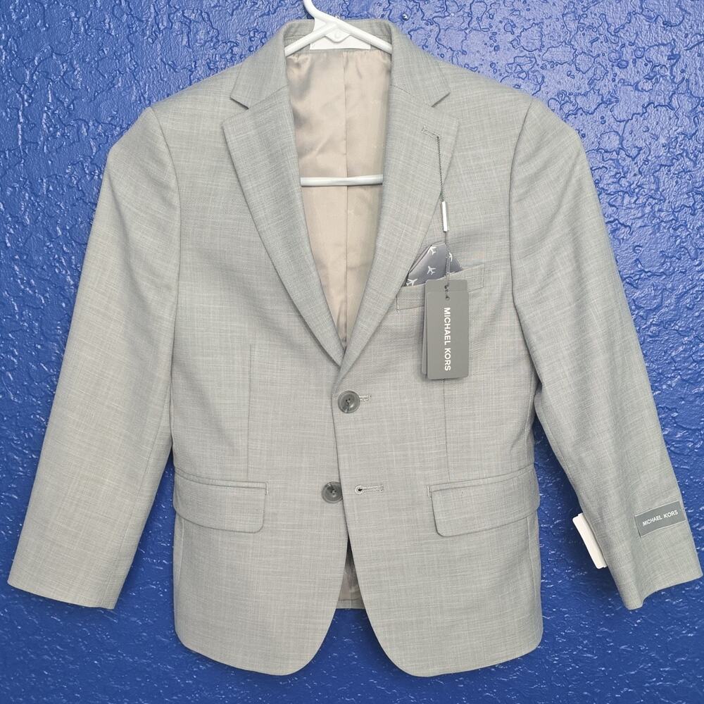 Michael Kors Boys Silver 2-Piece Suit Set Classic Fit Stretch Adj Waist 8R/24W